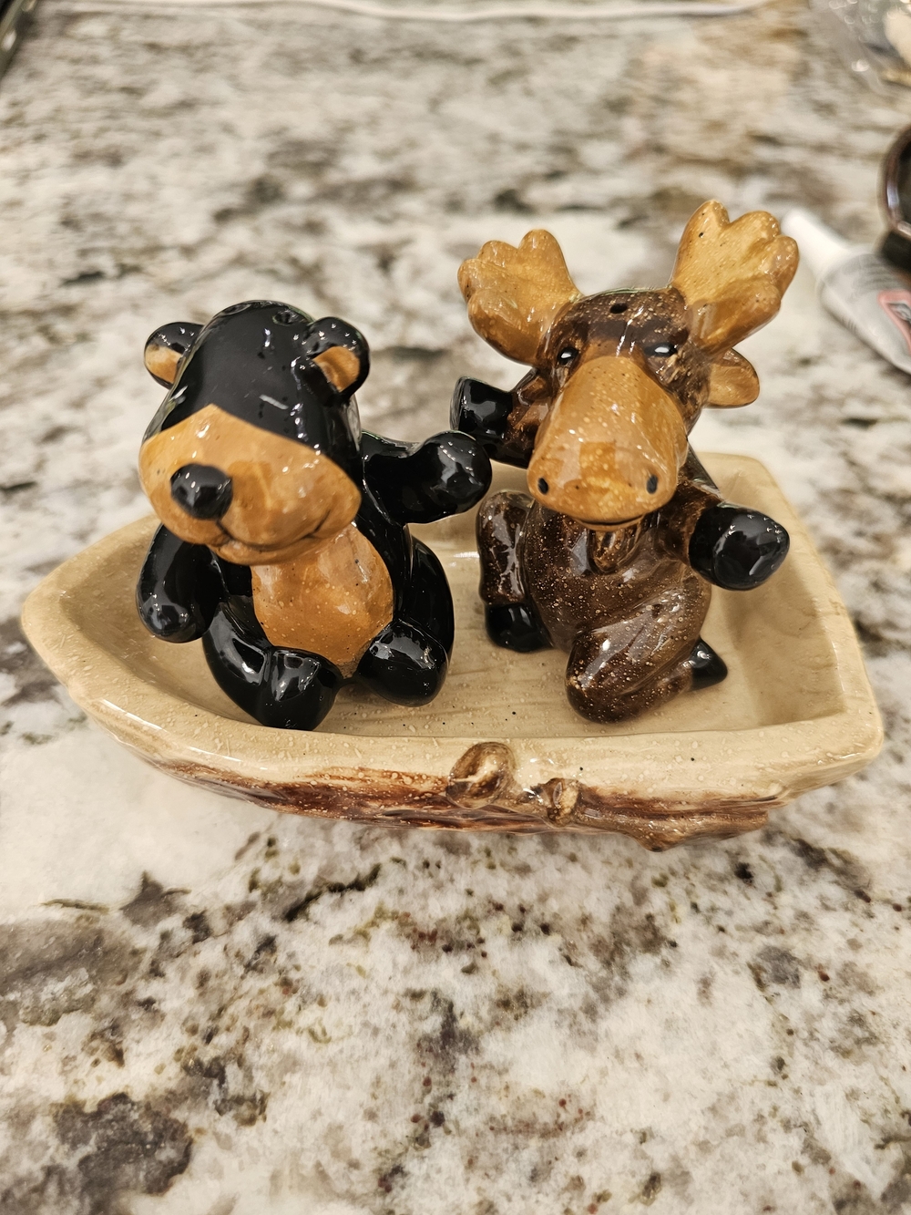 Ceramic Bear and Moose Figurine Salt & Pepper Set in Brown and Black
